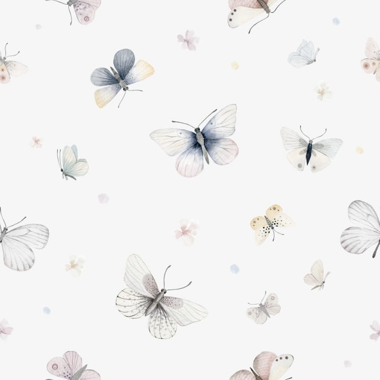 Tapeta w delikatne pastelowe motyle na jasnym tle, subtelna tapeta do pokoju dziecka w stylu skandynawskim i boho 4rooms
