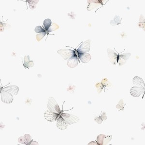 Tapeta w delikatne pastelowe motyle na jasnym tle, subtelna tapeta do pokoju dziecka w stylu skandynawskim i boho 4rooms