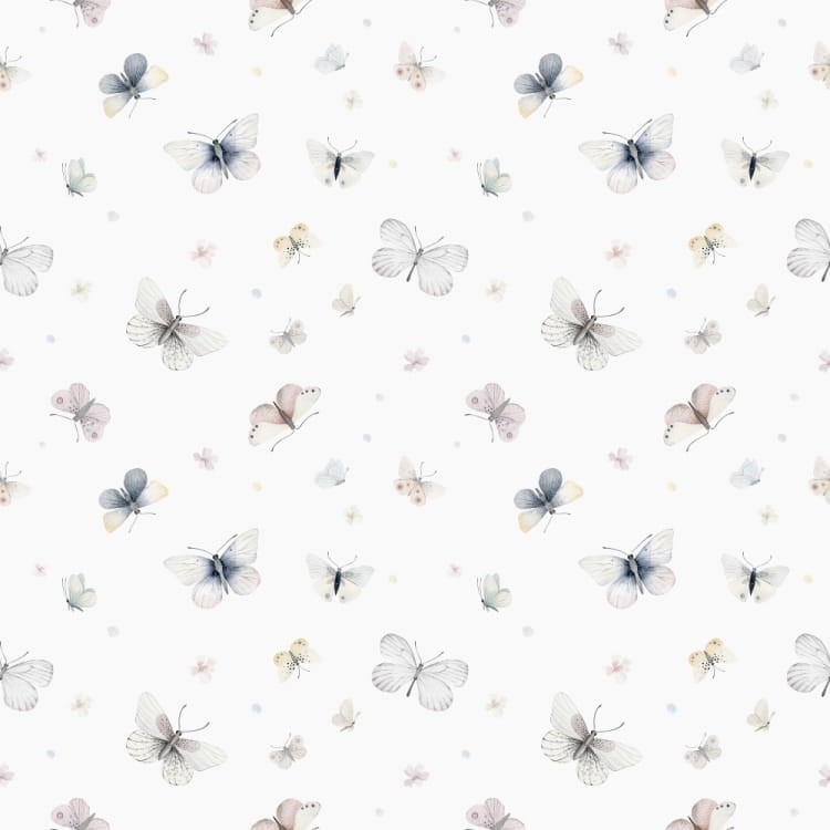 Tapeta w delikatne pastelowe motyle na jasnym tle, subtelna tapeta do pokoju dziecka w stylu skandynawskim i boho 4rooms