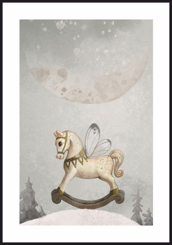 Obrazek-dzieciecy-w--odcieniach-szarosci,-kon-na-plozach-na-tle-nieba-i-wielkiego-ksiezyca,-plakat-z-bialym-marginesem-dookola.jpg