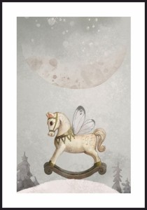 Obrazek-dzieciecy-w--odcieniach-szarosci,-kon-na-plozach-na-tle-nieba-i-wielkiego-ksiezyca,-plakat-z-bialym-marginesem-dookola.jpg