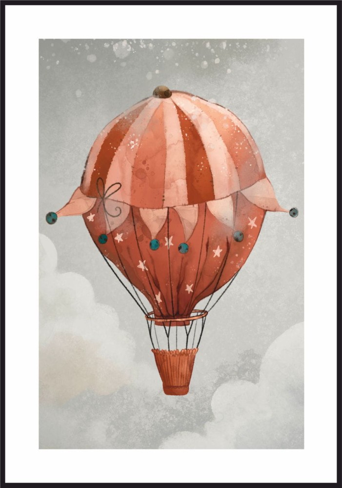 Obrazek-dzieciecy-z-koralowym-latajacym-balonikiem-na-gorace-powietrze-na-szarym-niebie,-plakat-z-bialym-marginesem-dookola.jpg