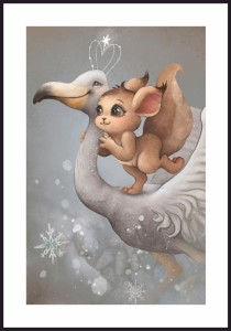 Zimowy-plakat-z-basni-przedstawiajacy-wiewiorke-i-flaminga-w-koronie.-Obrazek-z-bialym-marginesem-dookola..jpg