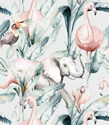 Wzor-tapety-dla-dziecka-z-afrykanskimi-zwierzetami-zamieszkujacymi-dzungle.-Grafika-zawiera-slonia,-ptaka,-flamingi-oraz-zielone-rosliny.-Calosc-osadzona-jest-na-szarym-tle..jpg