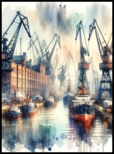 Plakat, Stocznia w Gdańsku - dźwigi akwarela 4rooms