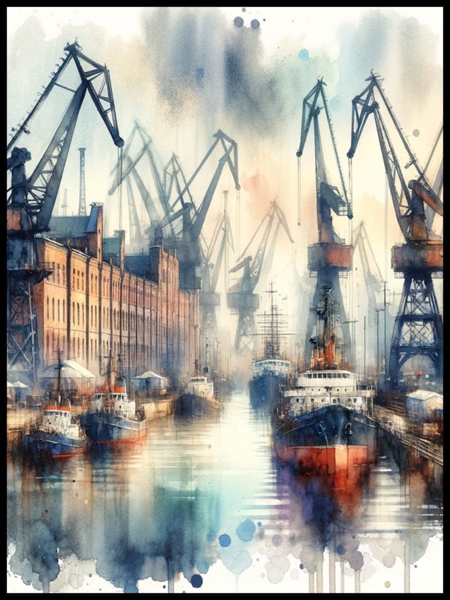 Plakat, Stocznia w Gdańsku - dźwigi akwarela 4rooms