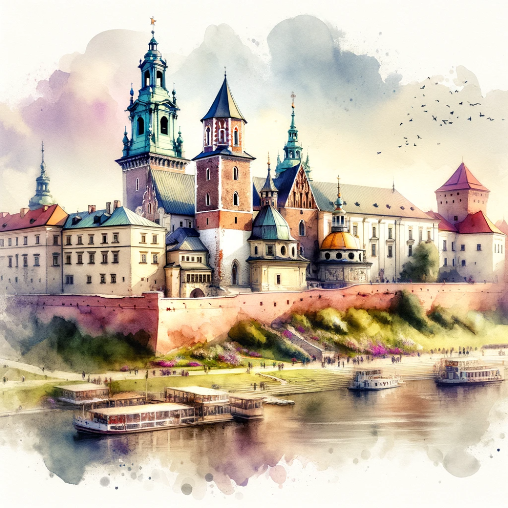 DALL·E 2024-01-03 10.45.46 - A watercolor painting of Wawel Royal Castle in Kraków, Poland. The painting captures the historic and majestic architecture of the castle, set against.png