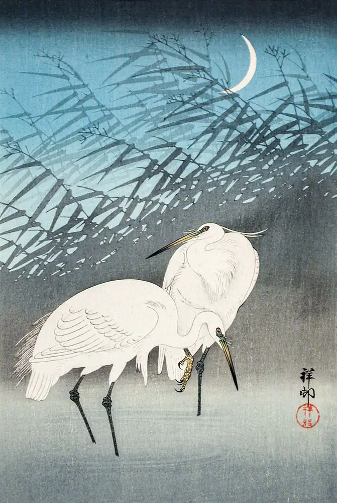 Plakat, Ohara Koson Egrets and Reeds in Moonlight (1926)