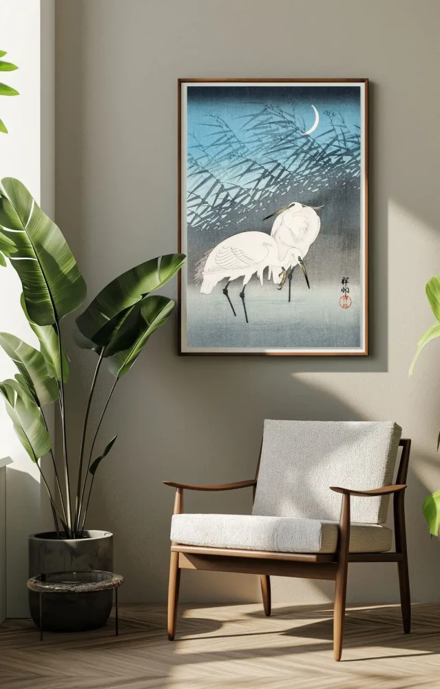 Plakat, Ohara Koson Egrets and Reeds in Moonlight (1926)