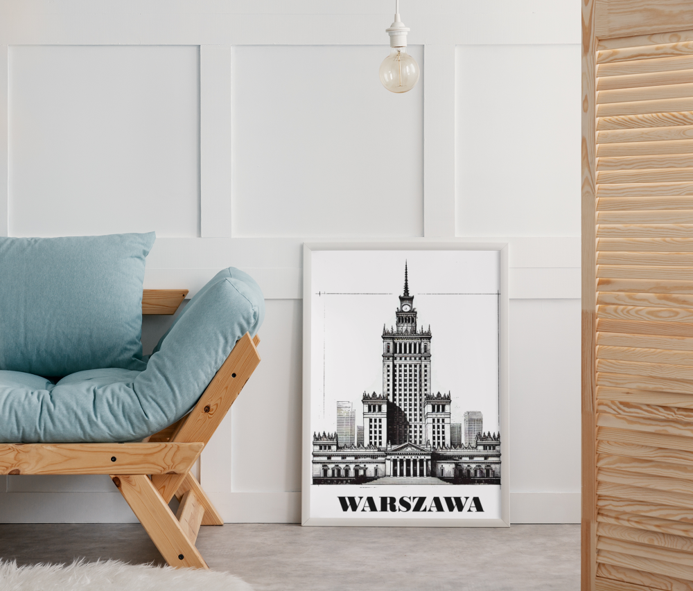 Plakat, Pałac Kultury i Nauki z napisem Warszawa