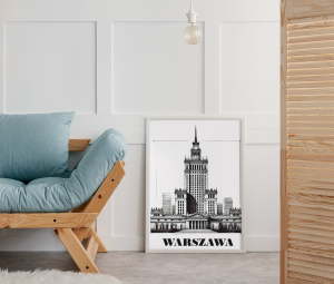 Plakat, Pałac Kultury i Nauki z napisem Warszawa