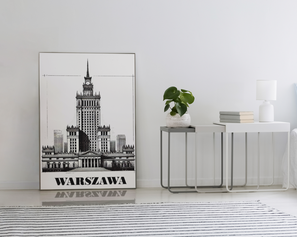 Plakat, Pałac Kultury i Nauki z napisem Warszawa