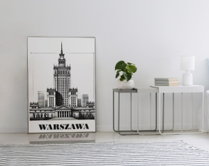 Plakat, Pałac Kultury i Nauki z napisem Warszawa