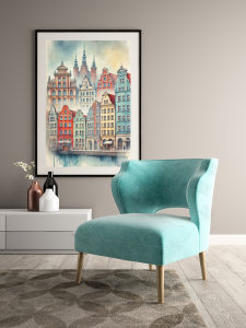 Plakat, Gdańsk kamienice artystyczna akwarela
