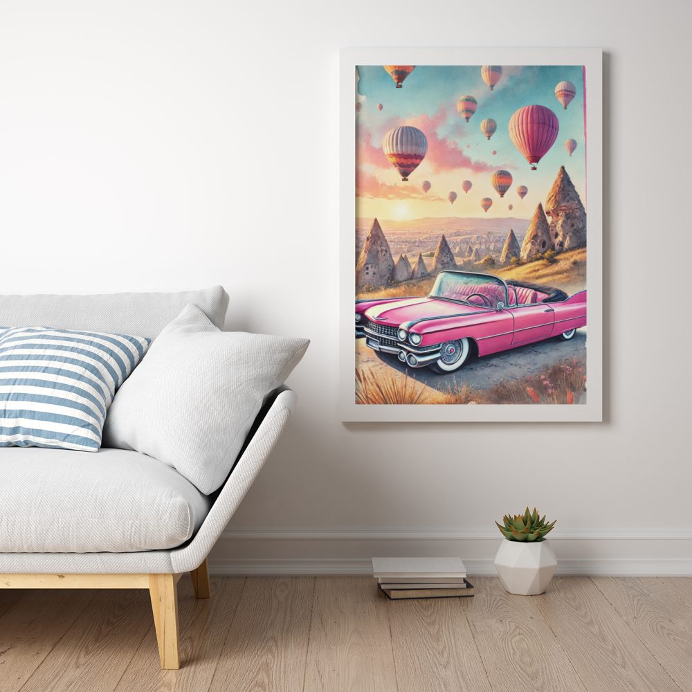 Plakat, Turcja - Balony w Kapadocji i różowy samochód