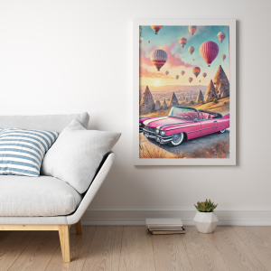 Plakat, Turcja - Balony w Kapadocji i różowy samochód