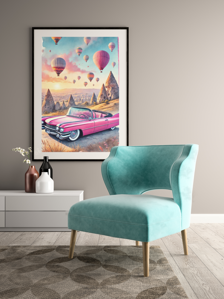 Plakat, Turcja - Balony w Kapadocji i różowy samochód