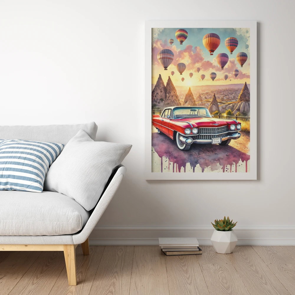 Plakat, Turcja - Balony w Kapadocji i czerwony samochód