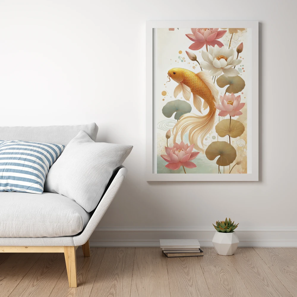Plakat, Ryba Koi -wśród kwiatów - akwarela