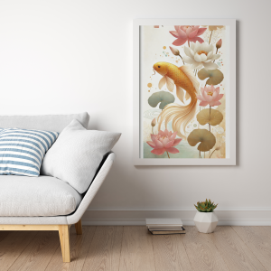 Plakat, Ryba Koi -wśród kwiatów - akwarela