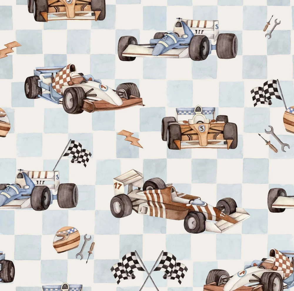 Tapeta wyścigówki w kratkę – niebieska do pokoju chłopca 2.jpg