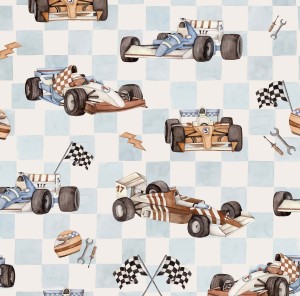 Tapeta wyścigówki w kratkę – niebieska do pokoju chłopca 2.jpg