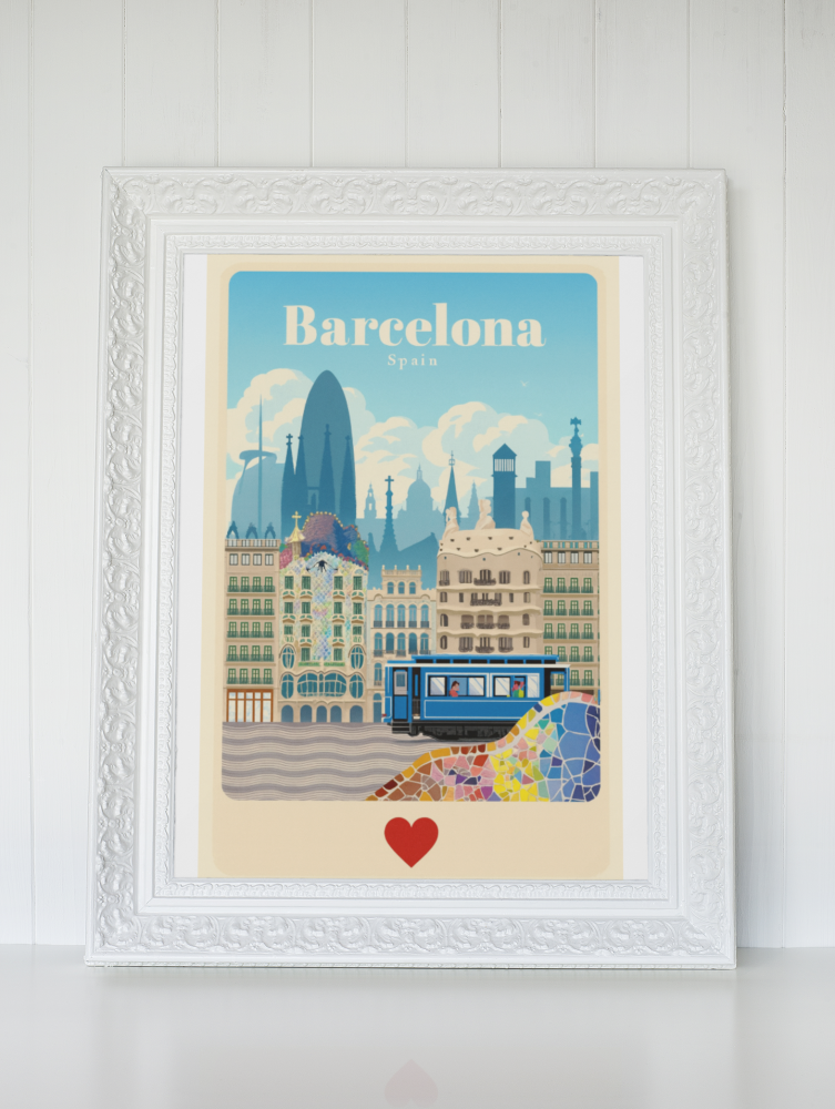 Plakat, Barcelona Hiszpania z sercem