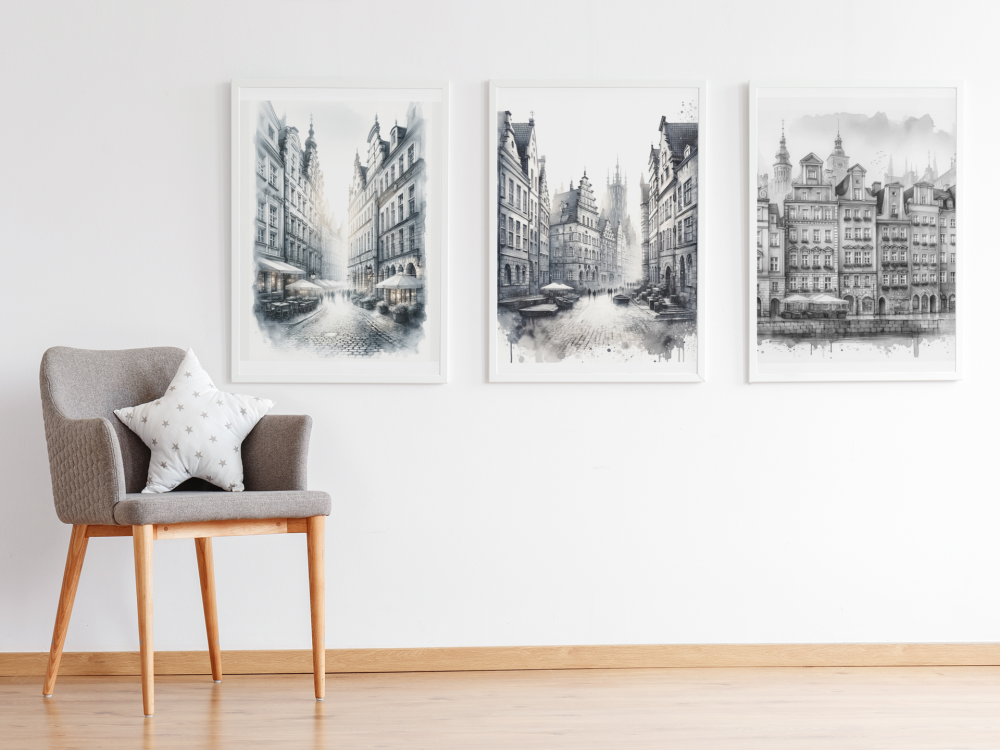 Zestaw 3 plakatów Gdańsk w szarościach - wymiar do wyboru 4rooms.com.pl
