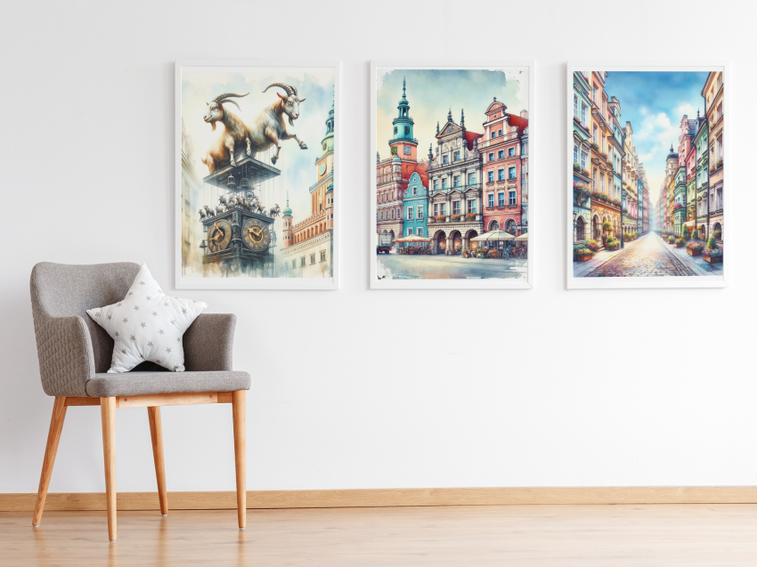 Zestaw 3 plakatów Poznań w kolorze - wymiar do wyboru