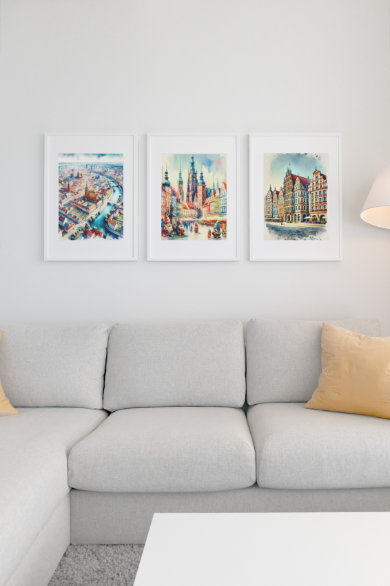 Zestaw 3 plakatów Gdańsk w kolorze widoki z góry - wymiar do wyboru