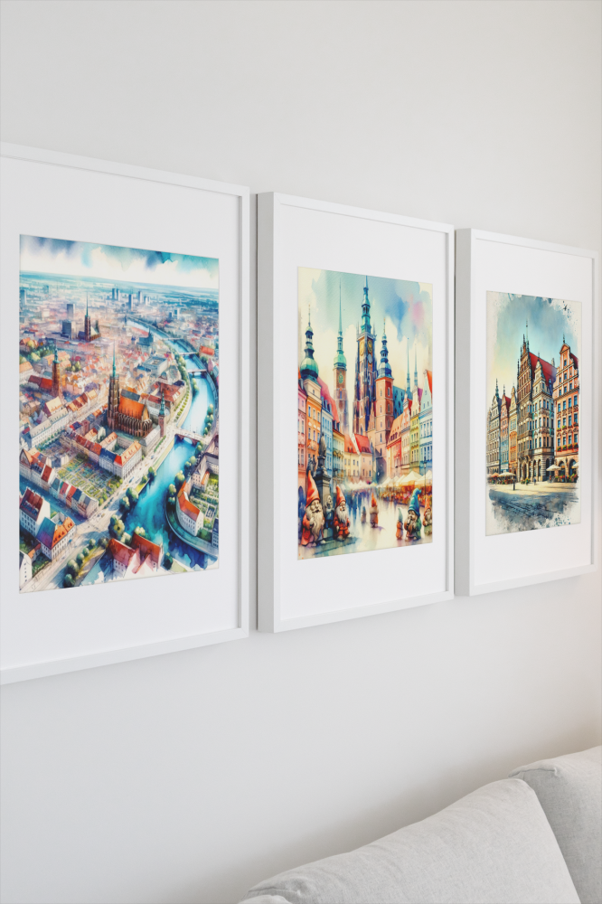 Zestaw 3 plakatów Gdańsk w kolorze widoki z góry - wymiar do wyboru