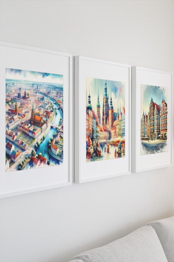 Zestaw 3 plakatów Gdańsk w kolorze widoki z góry - wymiar do wyboru