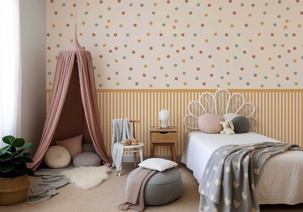 Tapeta w żółte paski i kropki – Bouncy Dots – mural 1.jpg