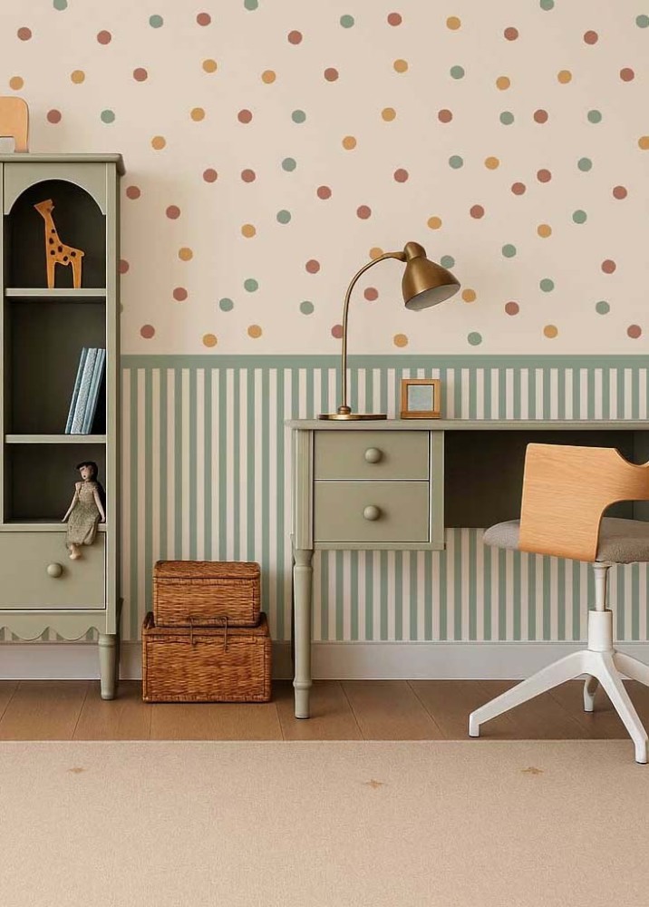 Tapeta w paski eukaliptus i kropki – Bouncy Dots – mural.jpg