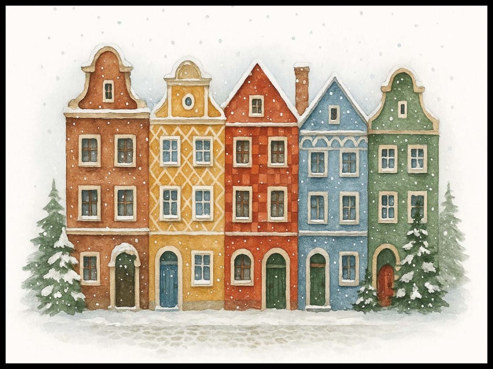 Plakat, Miasto Poznań kamienice zimą - akwarela 4rooms.com.pl