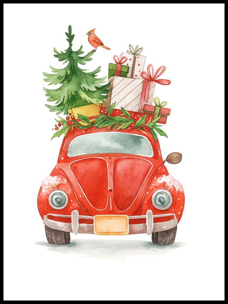 Plakat, Samochód Świąteczny czerwony - Merry Christmas 4rooms.com.pl