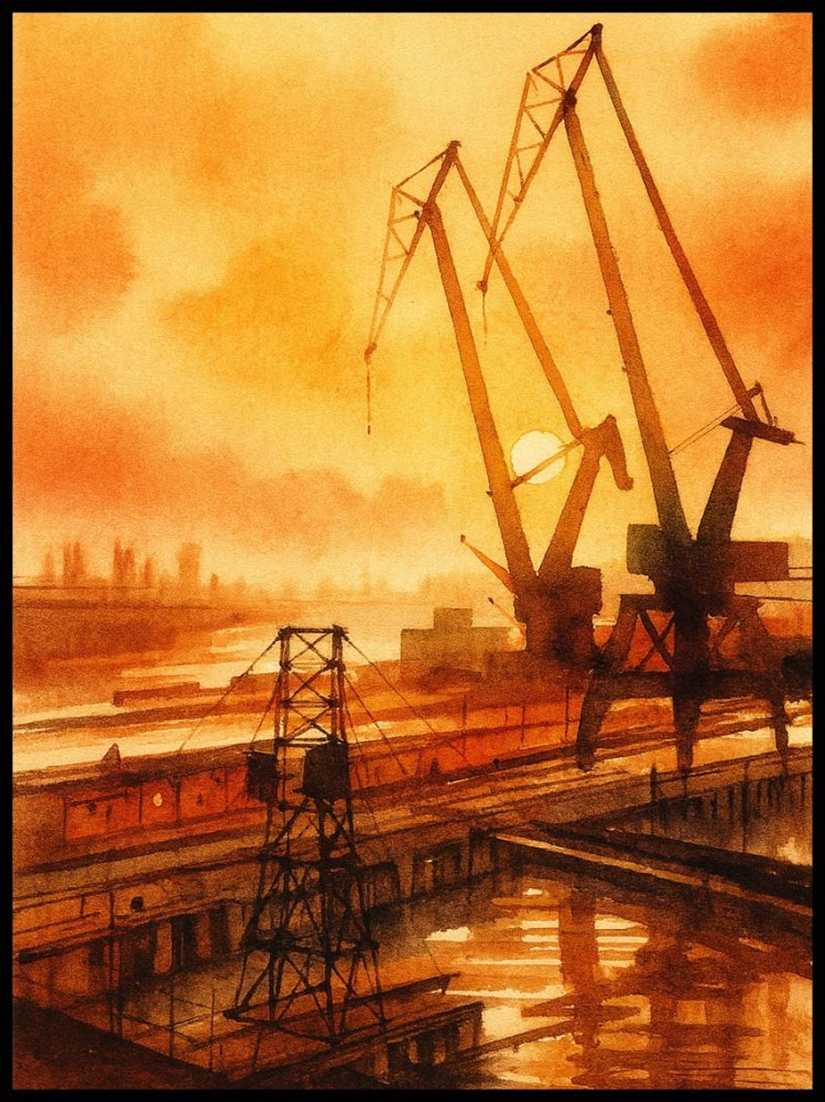 Plakat z żurawiami portowymi o zachodzie słońca, industrialna dekoracja ścienna w ciepłych pomarańczowych tonach, nowoczesna grafika portu i stoczni.4rooms