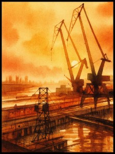 Plakat z żurawiami portowymi o zachodzie słońca, industrialna dekoracja ścienna w ciepłych pomarańczowych tonach, nowoczesna grafika portu i stoczni.4rooms