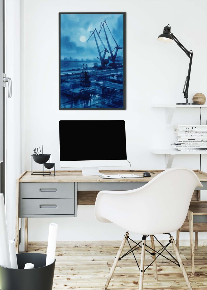 Plakat, Stocznia w Gdańsku - dźwigi akwarelowe niebieskie 4rooms