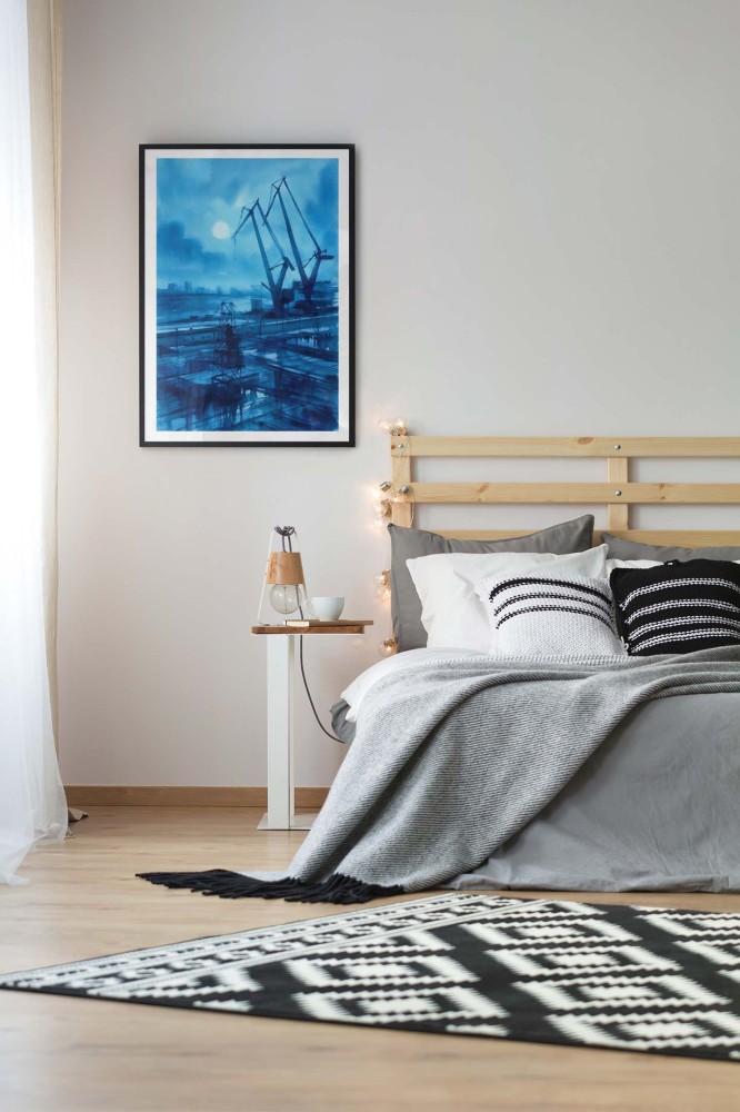 Plakat, Stocznia w Gdańsku - dźwigi akwarelowe niebieskie 4rooms