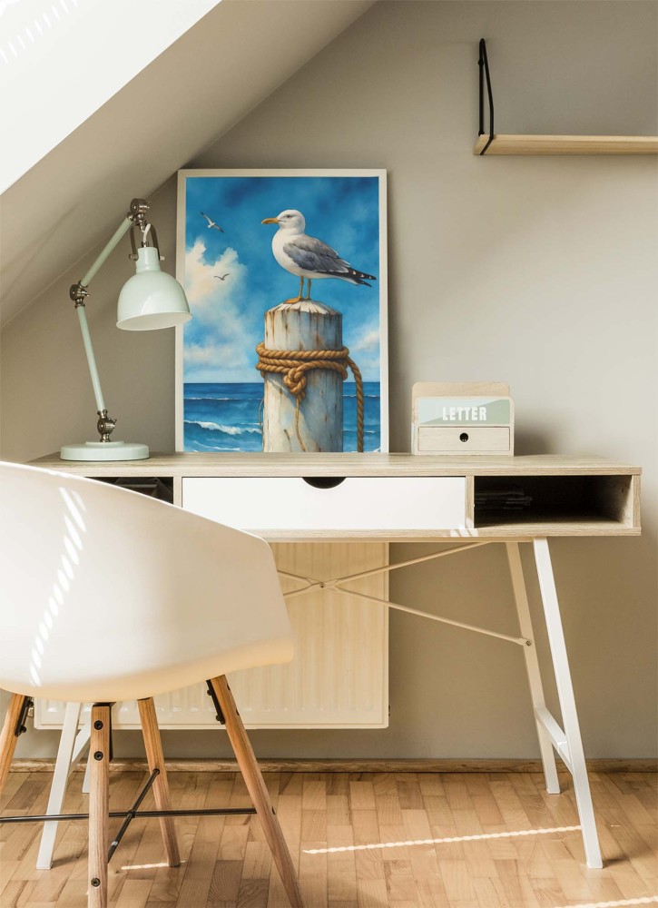 Plakat z mewą stojącą na drewnianym palu nad morzem, marynistyczna dekoracja ścienna w stylu nadmorskim z błękitnym niebem i falami w tle 4rooms