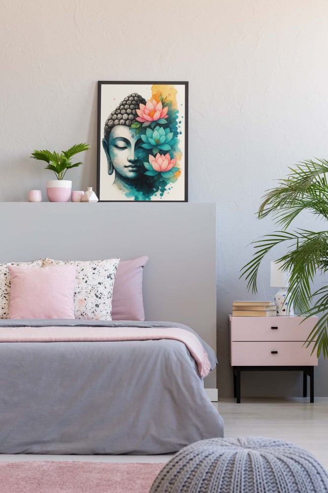 Plakat z Buddą i kwiatami lotosu w stylu akwarelowym, dekoracja ścienna zen do salonu i sypialni, grafika boho w turkusowych i różowych odcieniach 4rooms
