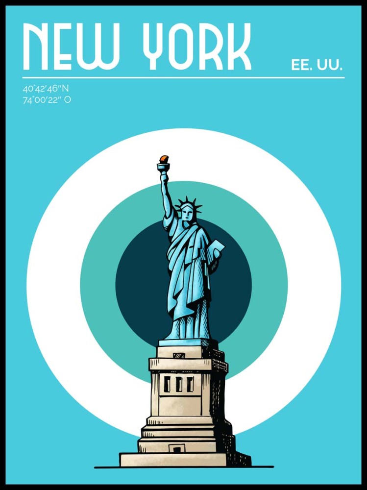 Plakat New York ze Statuą Wolności w stylu retro, turkusowe tło, minimalistyczna grafika podróżnicza USA.