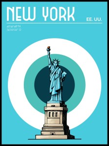 Plakat New York ze Statuą Wolności w stylu retro, turkusowe tło, minimalistyczna grafika podróżnicza USA.