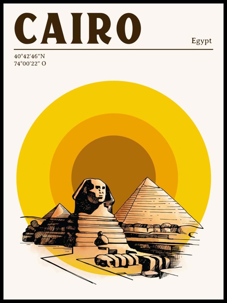 Plakat Cairo z Sfinksem i piramidami w Gizie, retro styl, złoto-piaskowe tło, minimalistyczna grafika Egipt.