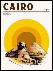 Plakat Cairo z Sfinksem i piramidami w Gizie, retro styl, złoto-piaskowe tło, minimalistyczna grafika Egipt.