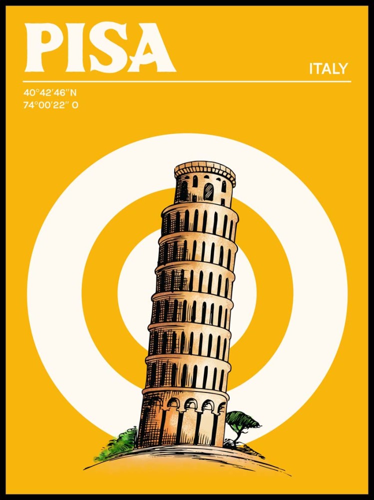Plakat Pisa z Krzywą Wieżą w Pizie, retro styl, żółte tło, minimalistyczna grafika podróżnicza Włochy.