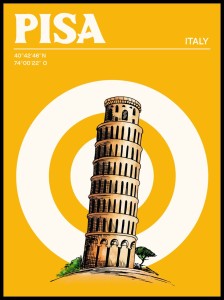 Plakat Pisa z Krzywą Wieżą w Pizie, retro styl, żółte tło, minimalistyczna grafika podróżnicza Włochy.