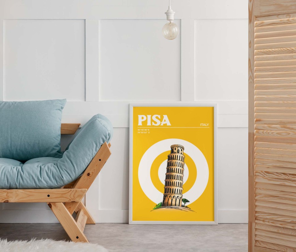 Plakat Pisa z Krzywą Wieżą w Pizie, retro styl, żółte tło, minimalistyczna grafika podróżnicza Włochy.