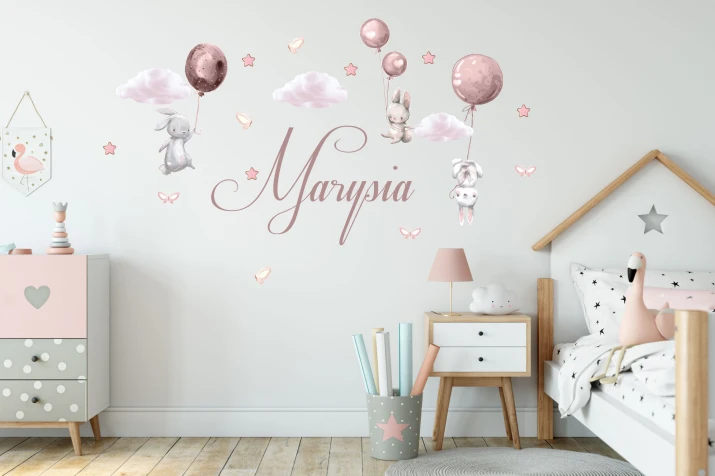 Naklejka ścienna dla dzieci - Imie i różowe króliczki